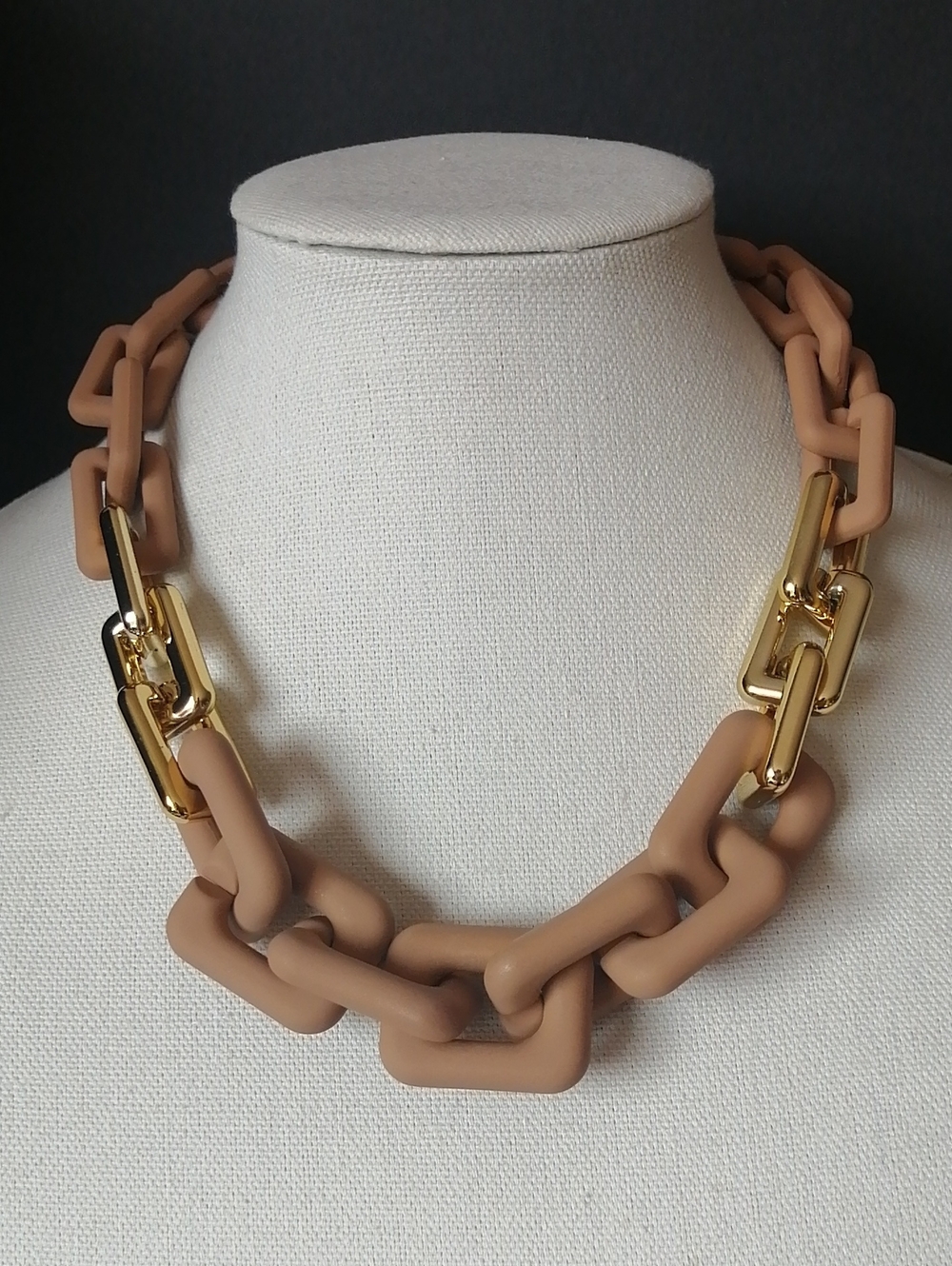 Chunky Tan Rectangle Links Chain Necklace with Goldtone Accents
